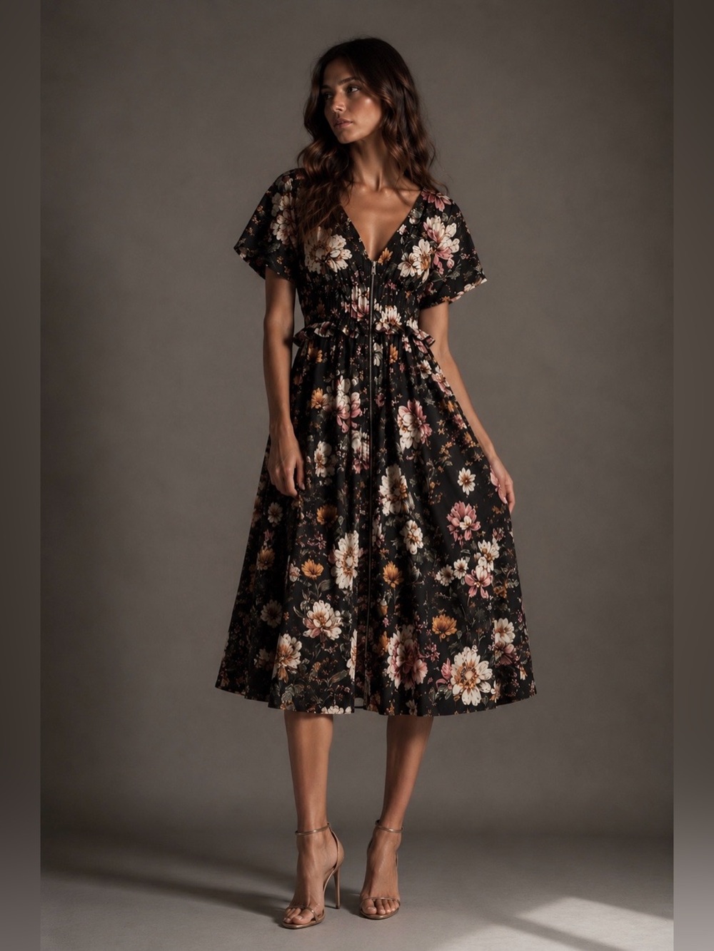 Anthropologie Floral Midi Dress Puff Sleeve V-Neck